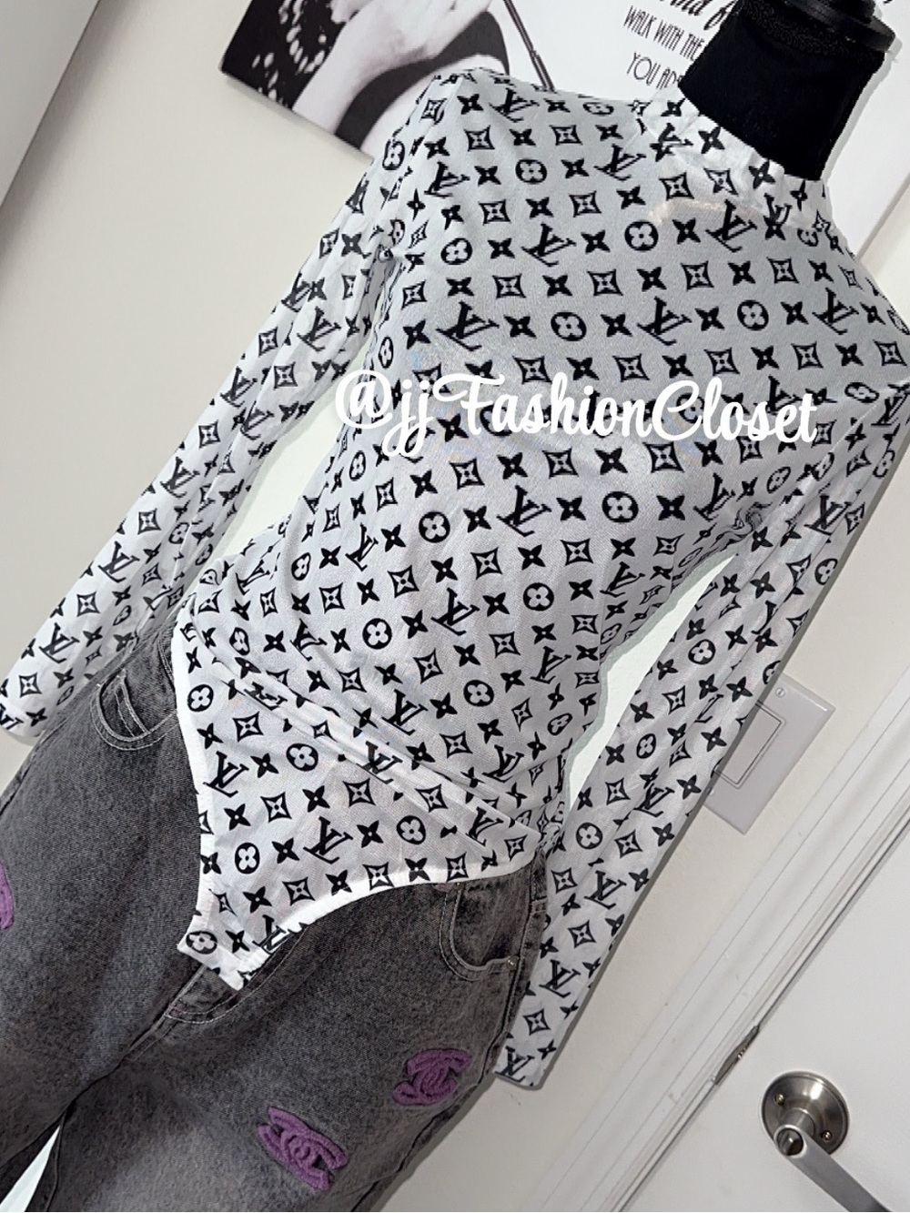 NIP Monogram Print Long Sleeve Bodysuit - Black on White